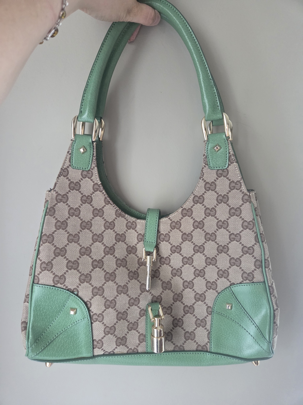 Gucci Beige GG Canvas Shoulder Bag with Mint Green Leather Trim